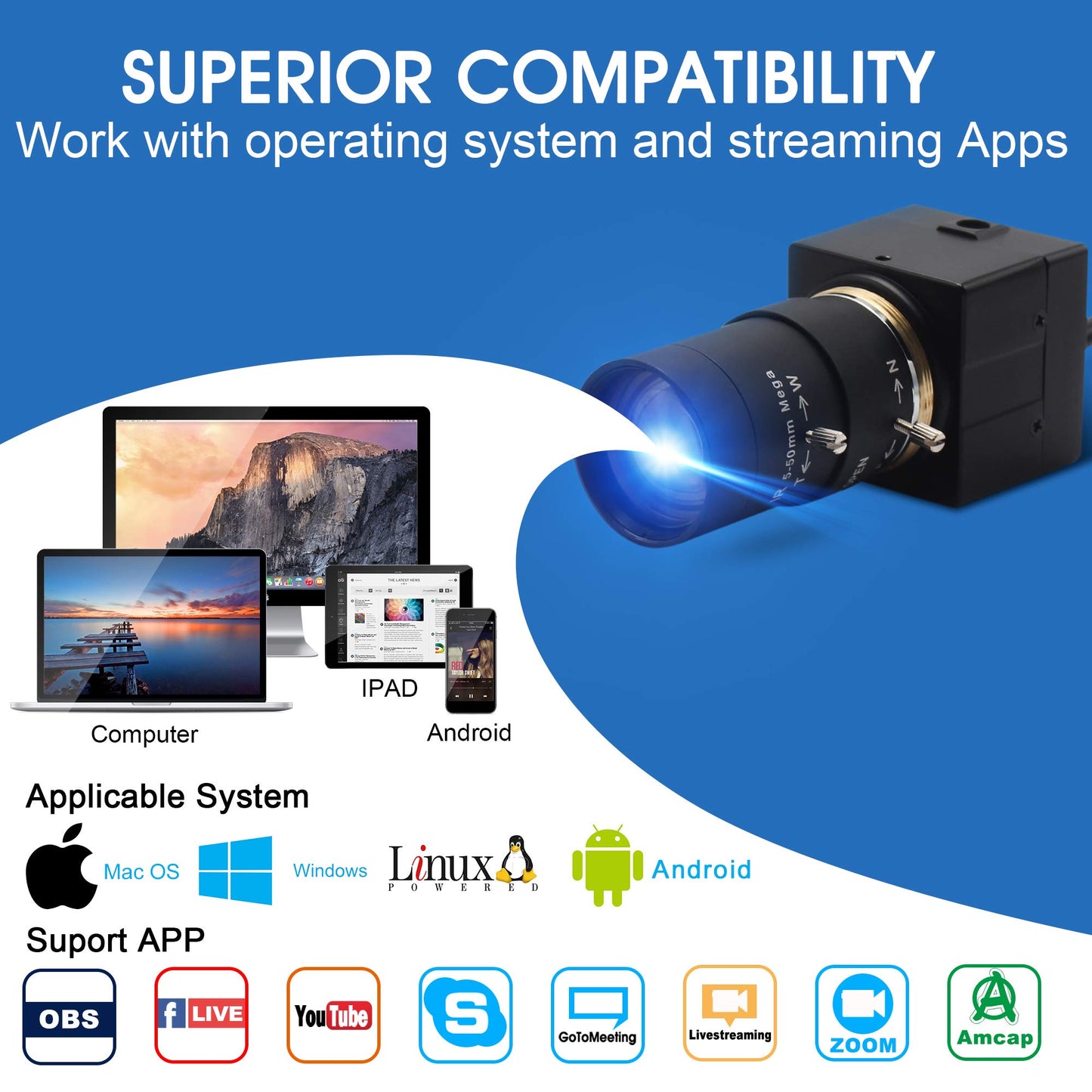 ALPCAM 1080P USB Camera with 5-50mm 10X Manual Zoom Lens, H.264 Full HD Webcam 0.01Lux Low Light Camera for Industrial Inspection, Plug & Play for Windows/Linux/Raspberry Pi/Mac