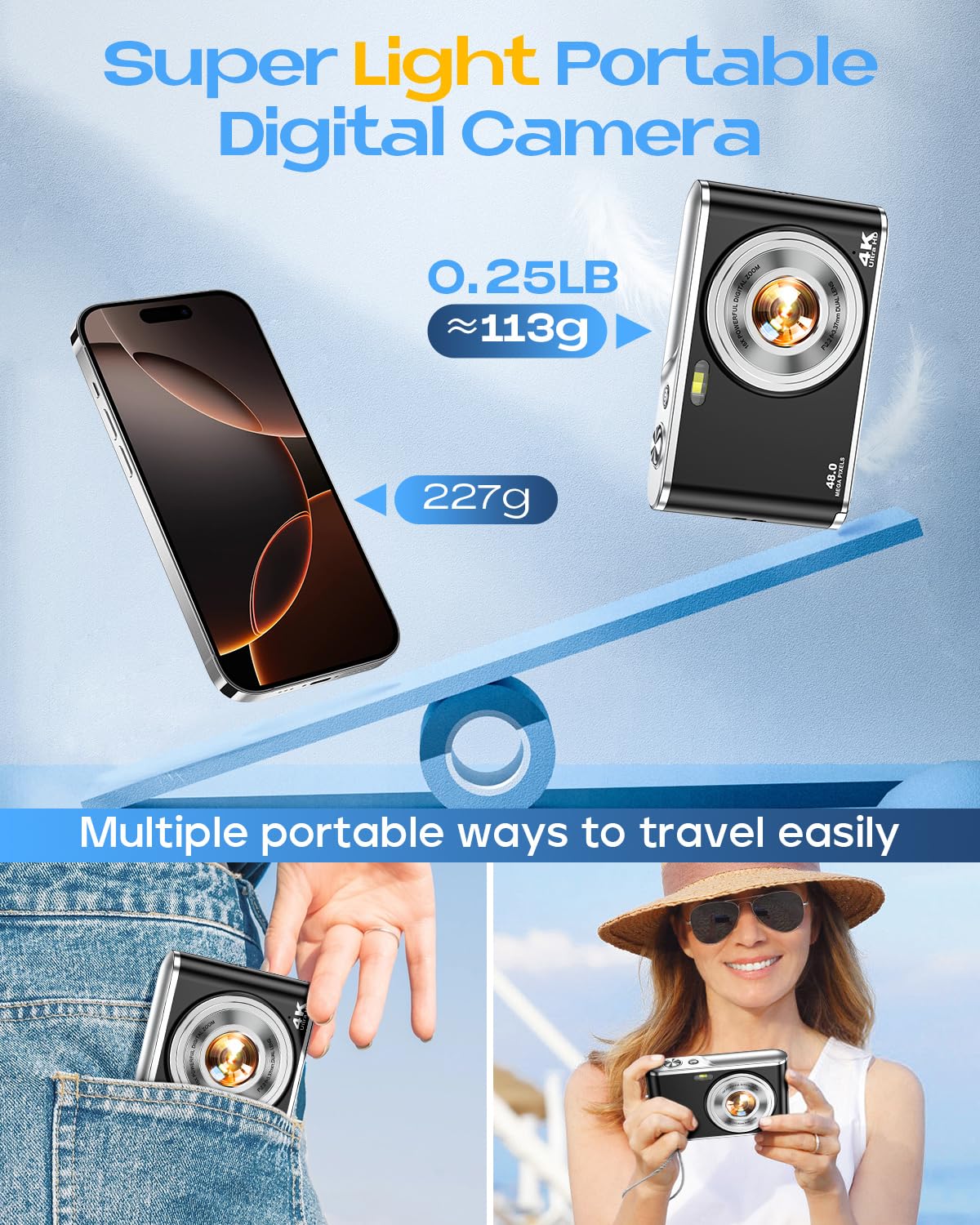 4K Digital Camera, Autofocus 48MP Vlogging Camera for Photography Compact Point and Shoot Digital with 16X Zoom, 32GB Card, 2.8" Screen, Anti-Shake(Black)
