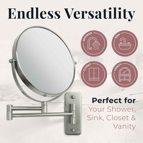 Zadro 7" Wall Mounted Wardrobe, Vanity Makeup Mirror with Magnification & Extending Arm (Large | 12.25" x 12" | 8X/1X, Black)