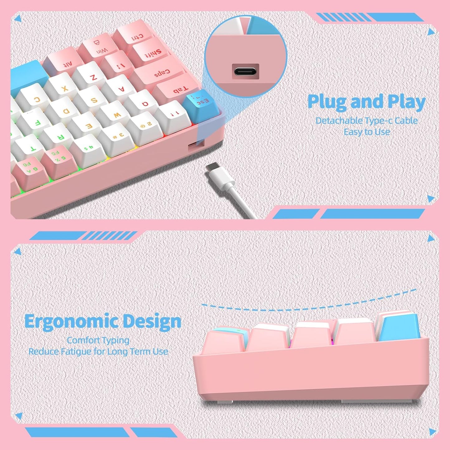 ZIYOU LANG T60 Wired 60% TKL Mechanical Gaming Keyboard with Led Rainbow Backlight Ultra-Compact NKRO Tactile Clicky Blue Switch Tri-Color ABS Keycap for Windows Laptop PC Mac Gamer(Pink/White)