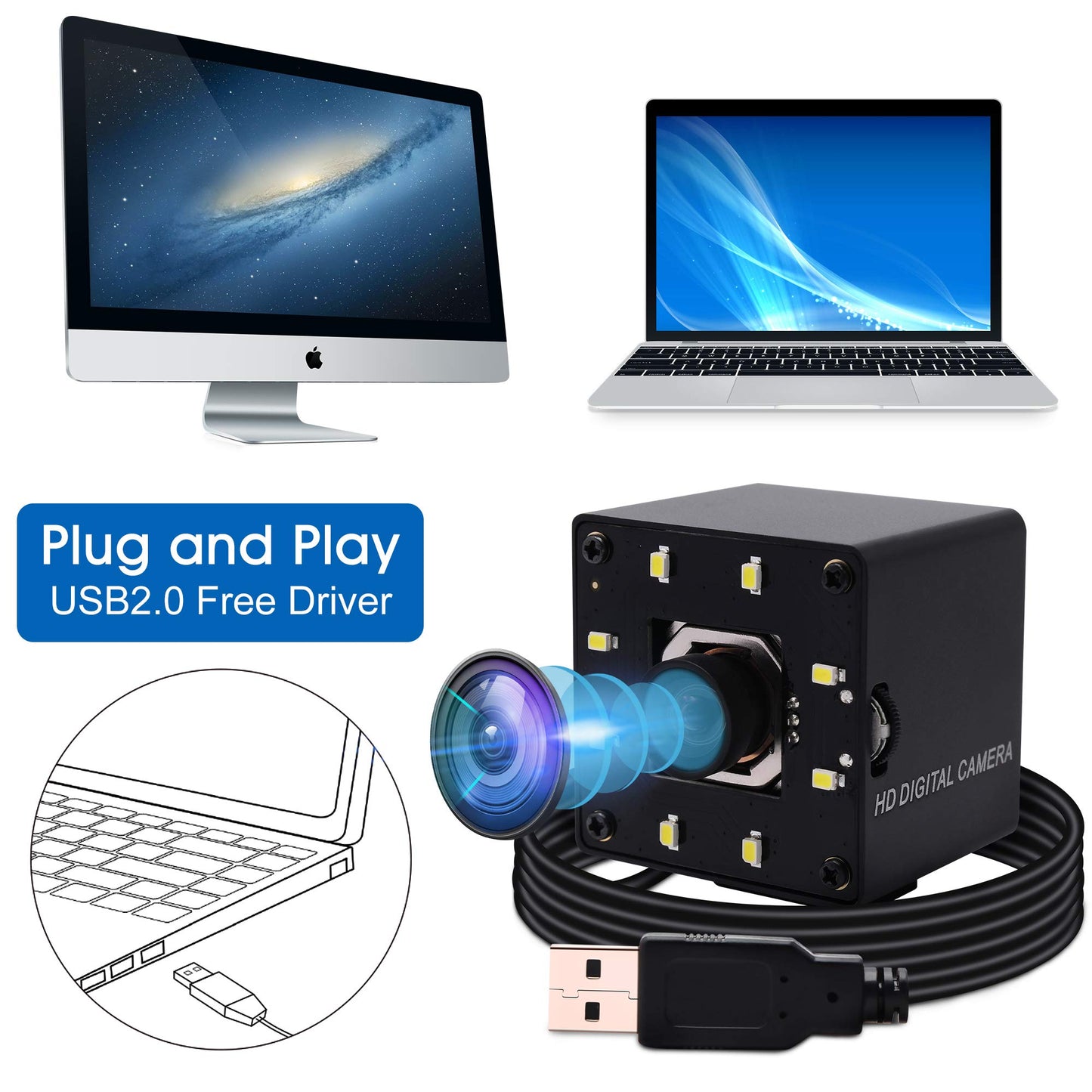4K USB Camera Autofocus with Microphone Day Night Vision Wide Angle 4K Video Audio Webcam for Computer USB2.0 PC Camera with White LEDs Mini UVC USB with Camera for Raspberry Pi Android Mac Laptop