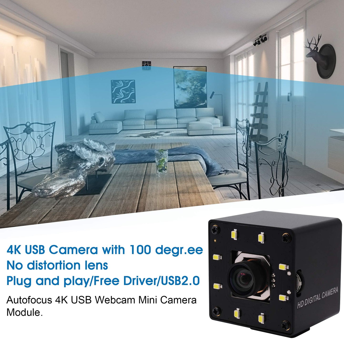 4K USB Camera Autofocus with Microphone Day Night Vision Wide Angle 4K Video Audio Webcam for Computer USB2.0 PC Camera with White LEDs Mini UVC USB with Camera for Raspberry Pi Android Mac Laptop