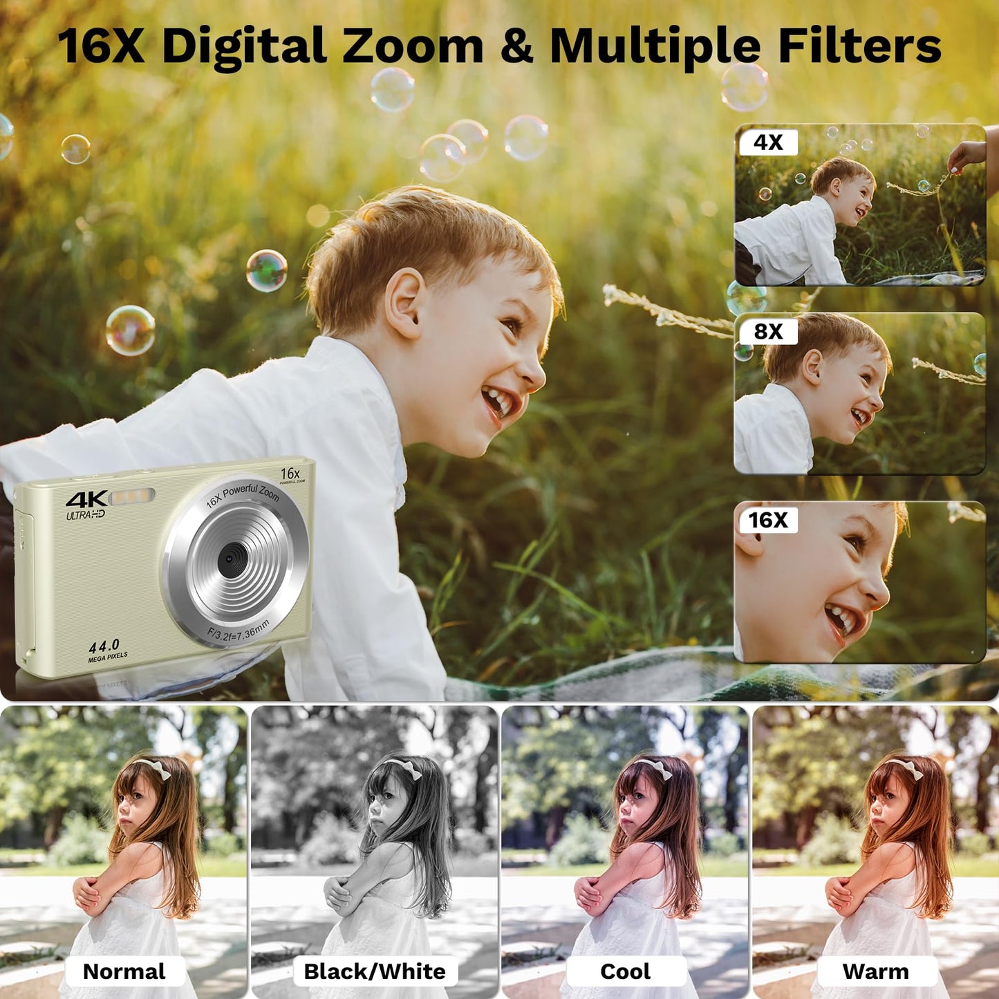 2025 Upgrade Digital Cameras,Digital Camera 4K 44MP, Compact Point and Shoot Digital Cameras for Teens with 16x Zoom, 64 GB SD Card, Vintage Digital Camera for Kids Boys Girls (Cream)