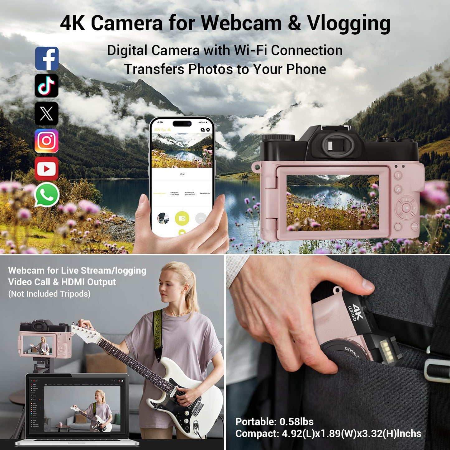 4K Digital Camera for Photography, 75MP WiFi Vlogging Video Camera for Youtube with 3'' 180°Flip Screen, 64GB SD Card, 16x Digital Zoom, 2 Batteries, Point and Shoot Digital Camera for Beginner (Pink)