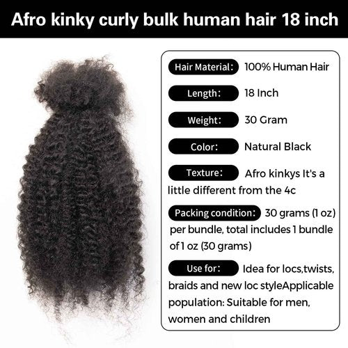 FAMILOCS 18 Inch Afro Kinky Curly Human Hair Bulk 3 Pack, Pre Looped Micro Locs Dreadlocks Extension, 1B Natural Black for DIY Twist Braids Crochet Repair Protective Styles