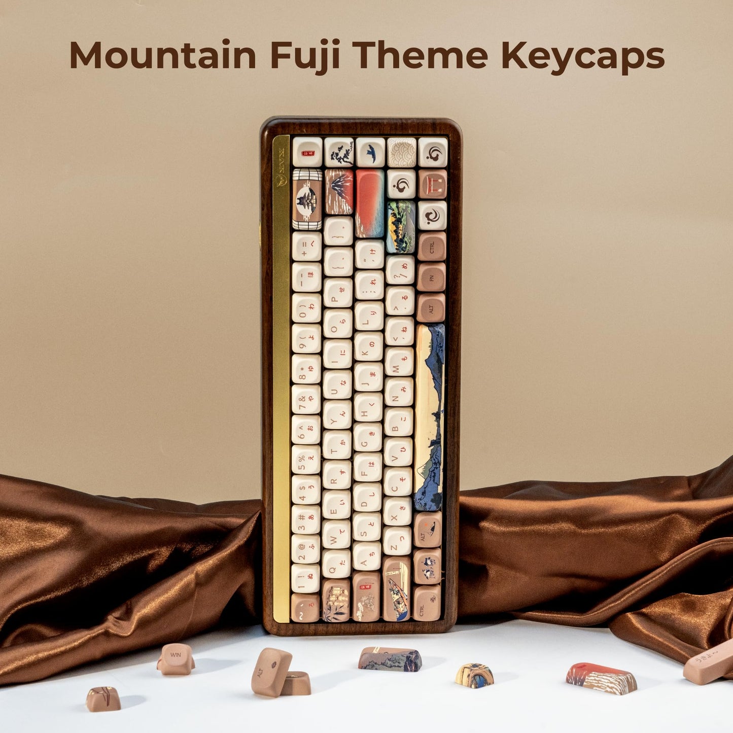 XVX MOA Profile Japanese Fuji Mountain Theme PBT Keycaps Set, 140-Key Coffee & Cream Custom Keycaps for US Layout Mechanical Keyboards (Brown/Beige Design with Key Puller)