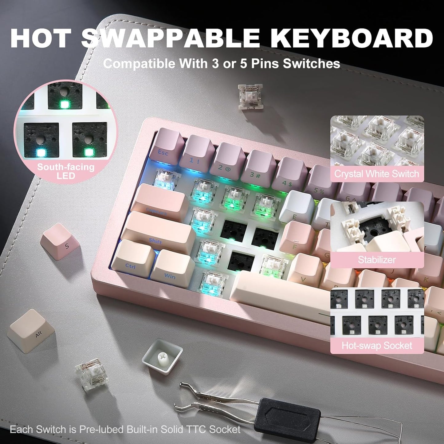 YUNZII AL71 75% Mechanical Keyboard,Full Aluminum CNC,Hot Swappable Gasket,2.4GHz Wireless BT5.0/USB-C Wired,NKRO Programmable RGB Backlight Creamy Typing for Win/Mac(Black,Crystal White Switch)