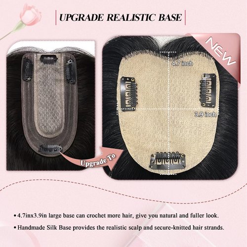 POWERASIA Real Human Hair Toppers for Women - No Bangs Wiglets, Upgrade 3.9x4.7Inch Silk Base Clip ins, 150% Density Remy Hair Wig Topper #1 Jet Black