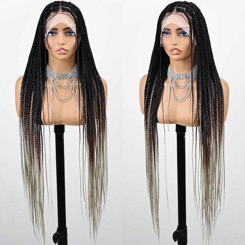 FABÉLLE 32 Inch Long Synthetic Braided Wig Knotless Box Braid Wigs with Baby Hair Single Full Lace Braided Wigs for Black Women - T1B/30/613 Ombre Brown Blonde Hair