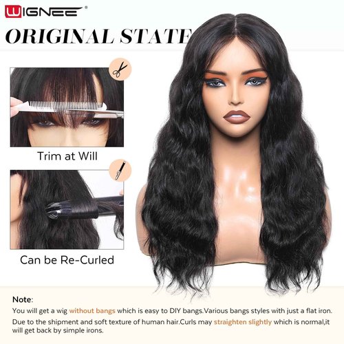 WIGNEE 4x4 Lace Human Hair Wig with Bangs Natural Wave Human Hair Wigs for White Women 14 Inch Glueless Wig With Bangs Human Hair Bang Wig 100% Brazilian Human Hair for Daily Use