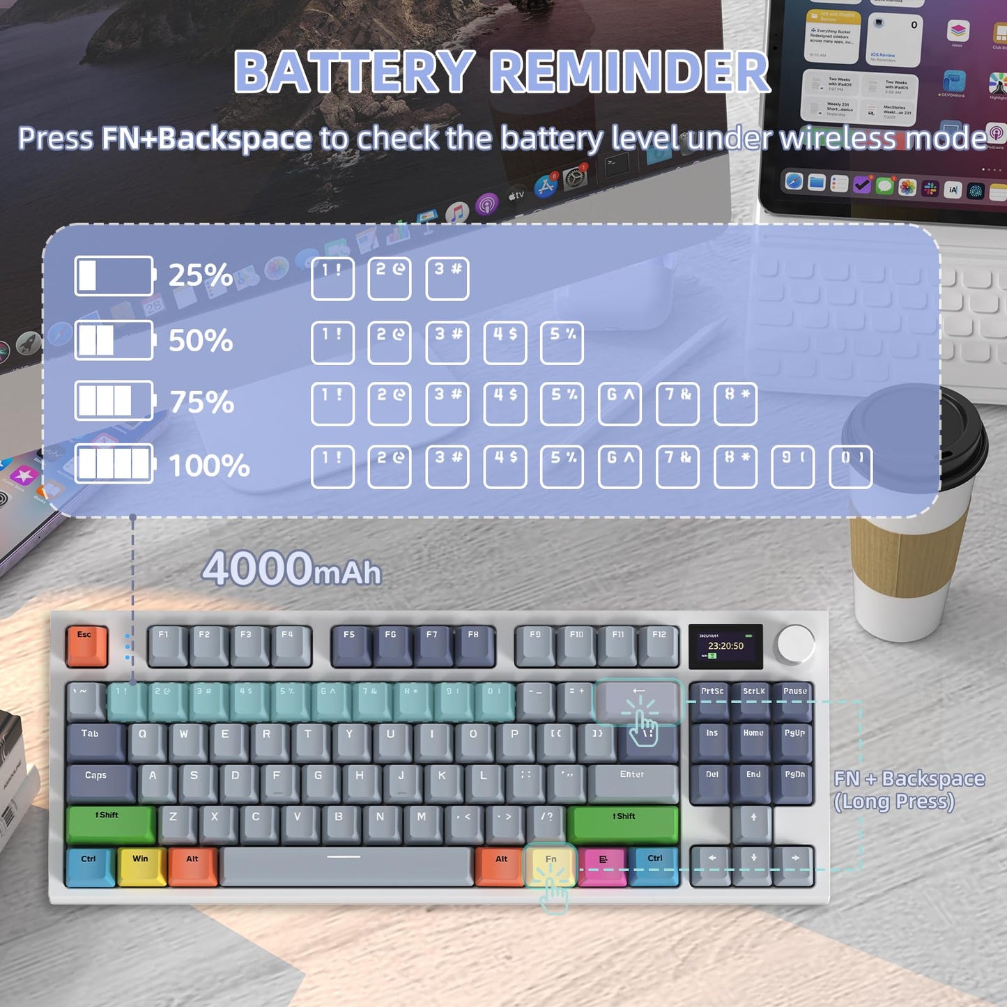 ATTACK SHARK RK86 Gaming RGB 75% Wireless Mechanical Keyboard, 82 Keys 2.4G/Bluetooth/USB-C Hot Swappable Gaming Keyboard 4000 mAH Battery w/Knob & 1.2'' HD OLED Display, Custom Linear Switches