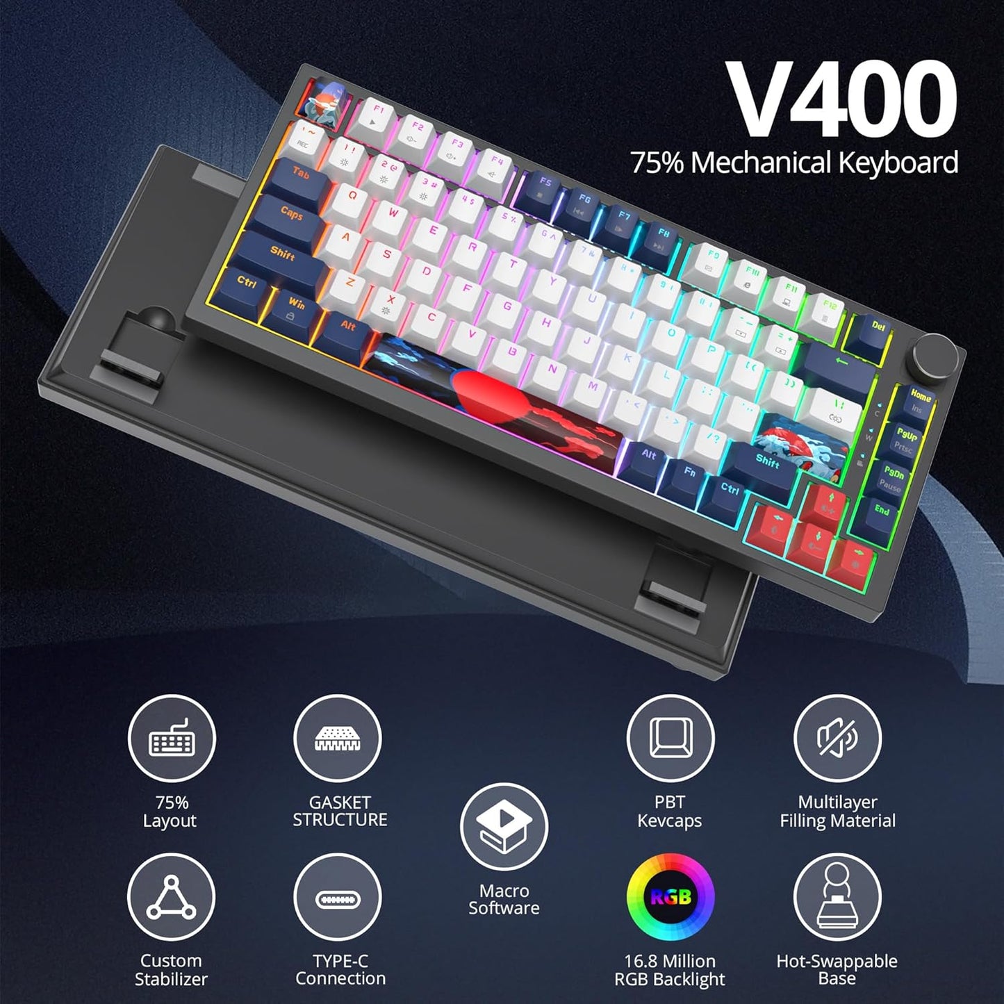75 Percent Keyboard Gasket-Mounted with Sound Absorbing Pads, 82-Key Compact Wired RGB Mechanical Gaming Keyboard Hot-Swap Socket for Win, Red Black