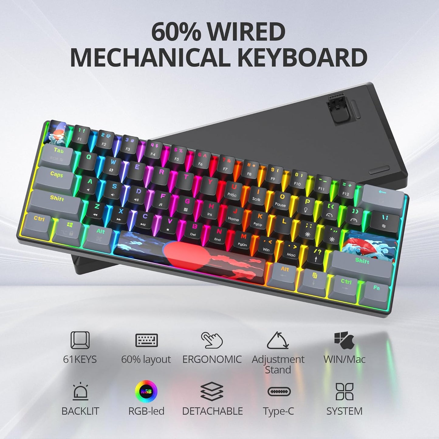 60 Percent Gaming Keyboard Mechanical with Linear Red Switch, 65% Wired Ultra-Compact Mini Keyboard Rainbow with PBT Keycaps for Ps4/Ps5/Xbox(68 MonsterB)