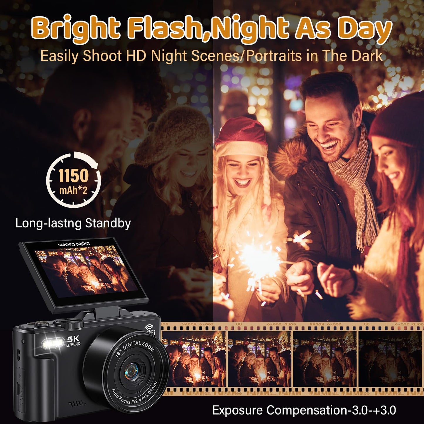 5K Digital Camera for Photography - WiFi 75MP Vlogging Cameras for YouTube - UHD Autofocus Video Camera 3" 180° Flip Screen with 18X Zoom - Compact Vlog Travel Camara with 32GB SD Card, 2 Batteries