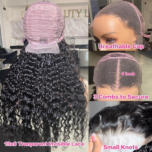 Bling Hair Princess 16 Inch Deep Wave Lace Front Wigs Human Hair 200 Density 13x6 HD Transparent Lace Deep Curly Lace Frontal Wigs Natural Black Curly Human Hair Wig Pre Plucked