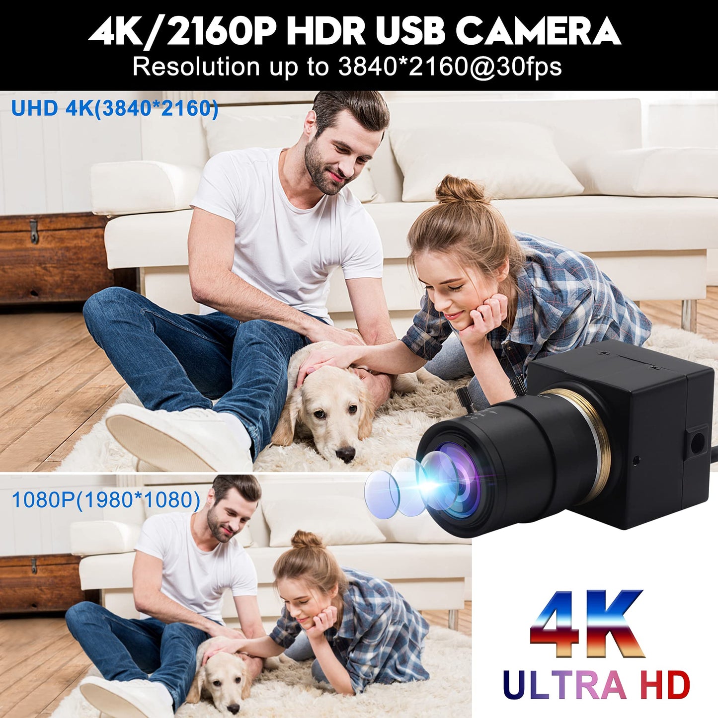 ALPCAM 4K Wide Angle Varifocal Zoom Lens Webcam Ultra HD 2160P 30fps Plug and Play USB Computer Camera for Windows/Linux/Raspberry Pi/Mac