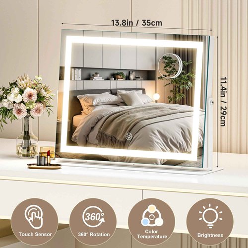 MINISO Vanity Mirror with Lights-13.8" x 11.4" LED Makeup Mirror, 3 Color Modes Touch Control and Brightness Adjustment Lighting Mirror, 10X Magnifying Glass, 360° Rotation
