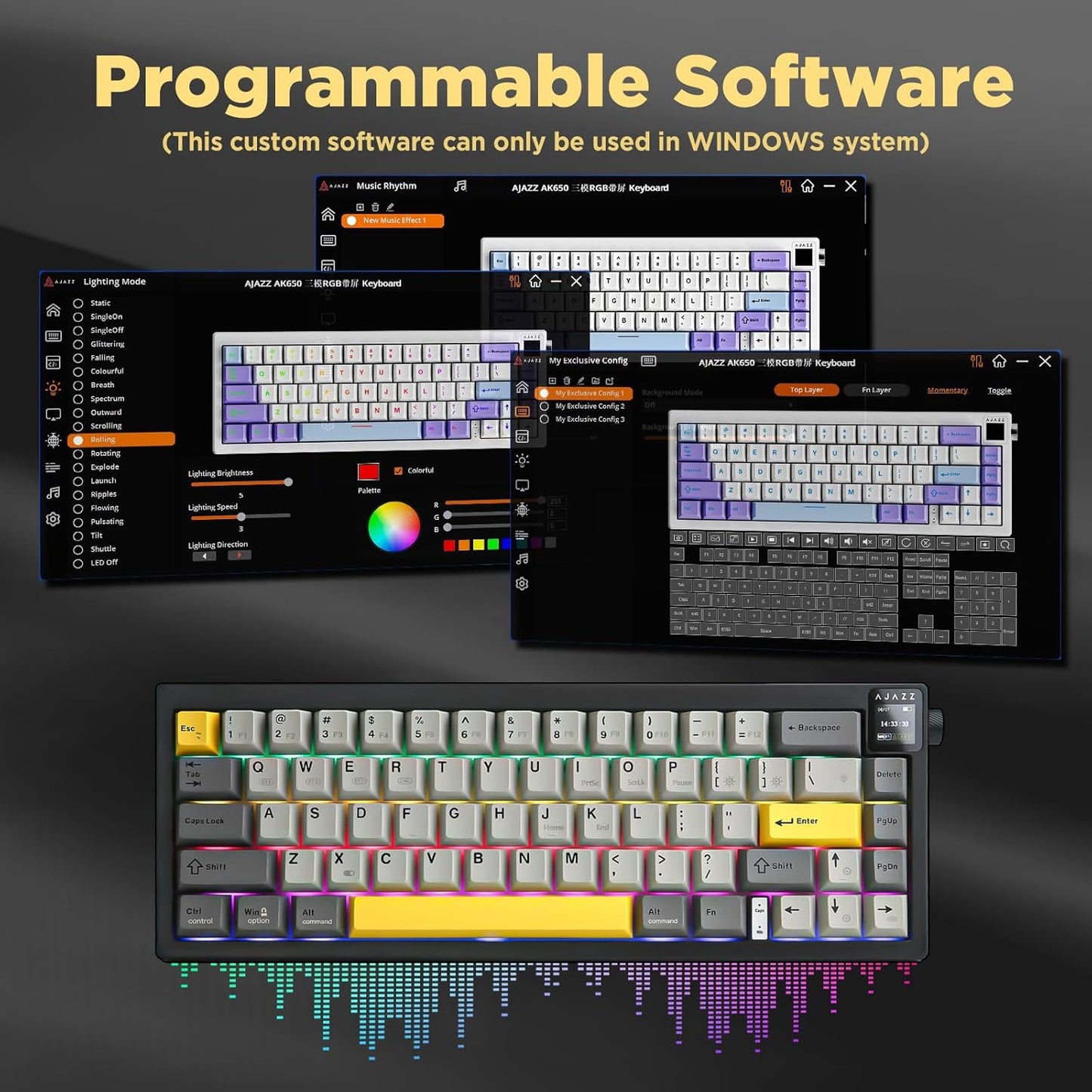 AJAZZ AK650 Mechanical Gaming Keyboard with Smart Display & Knob,65% Wireless Mechanical Keyboard BT/2.4G/USB-C, Hot Swappable, Creamy Sounding with RGB Light (Purple,Flying Fish Switch)