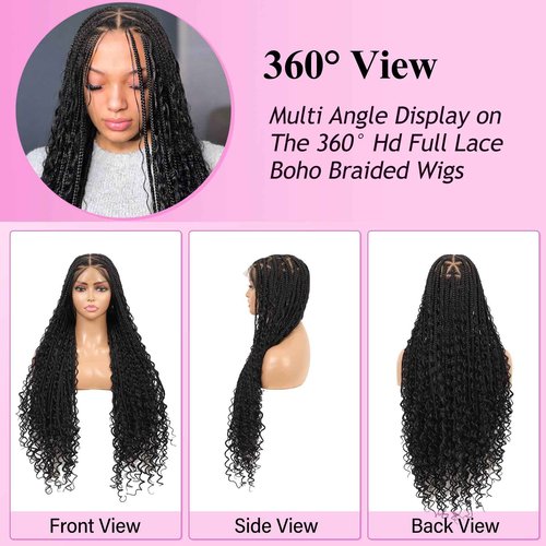 KERNORV 360° HD Full Lace Triangle Knotless Braided Wigs for Women Boho Braided Wigs with Curly Ends Full Lace Box Braid Wig with Baby Hair Premium Synthetic Braided Lace Front Wig 36" Black