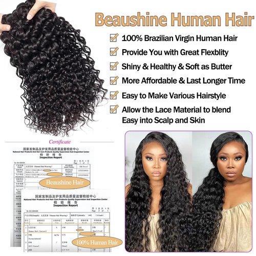 Beaushine Human Hair with Closure Water Wave Remy Virgin Hair 18 20 22+18inch, Wet and Wavy Curly Human Weave Bundles with Lace Closure 10A Brazilian Raw Quick Weave Bundles Natural Black Color