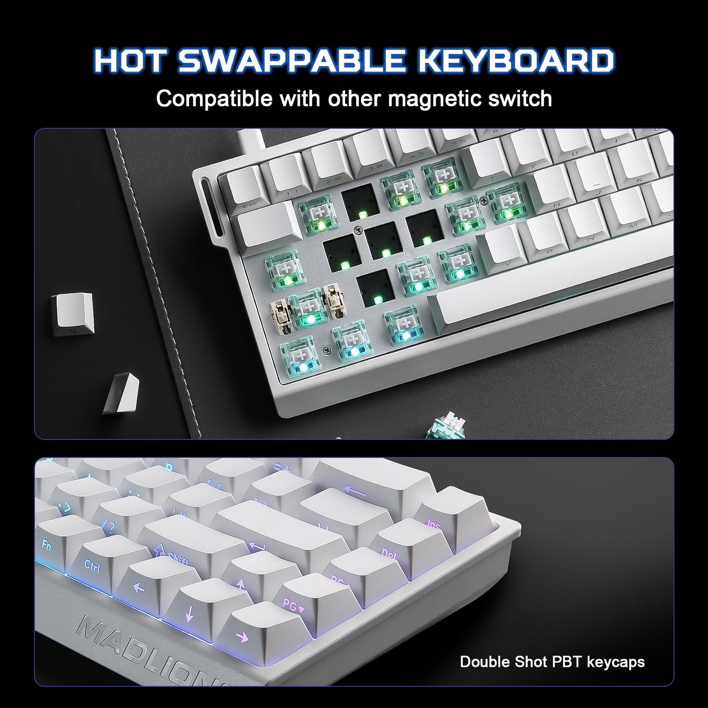 YUNZII x MADLIONS MAD68 HE Rapid Trigger Wired Magnetic Mechanical Gaming Keyboard 60% Hall Effect Switches Adjustable Actuation, PBT Keycaps RGB Hot-Swap,8K Hz Polling Rate(White,Amber Pro Switch)