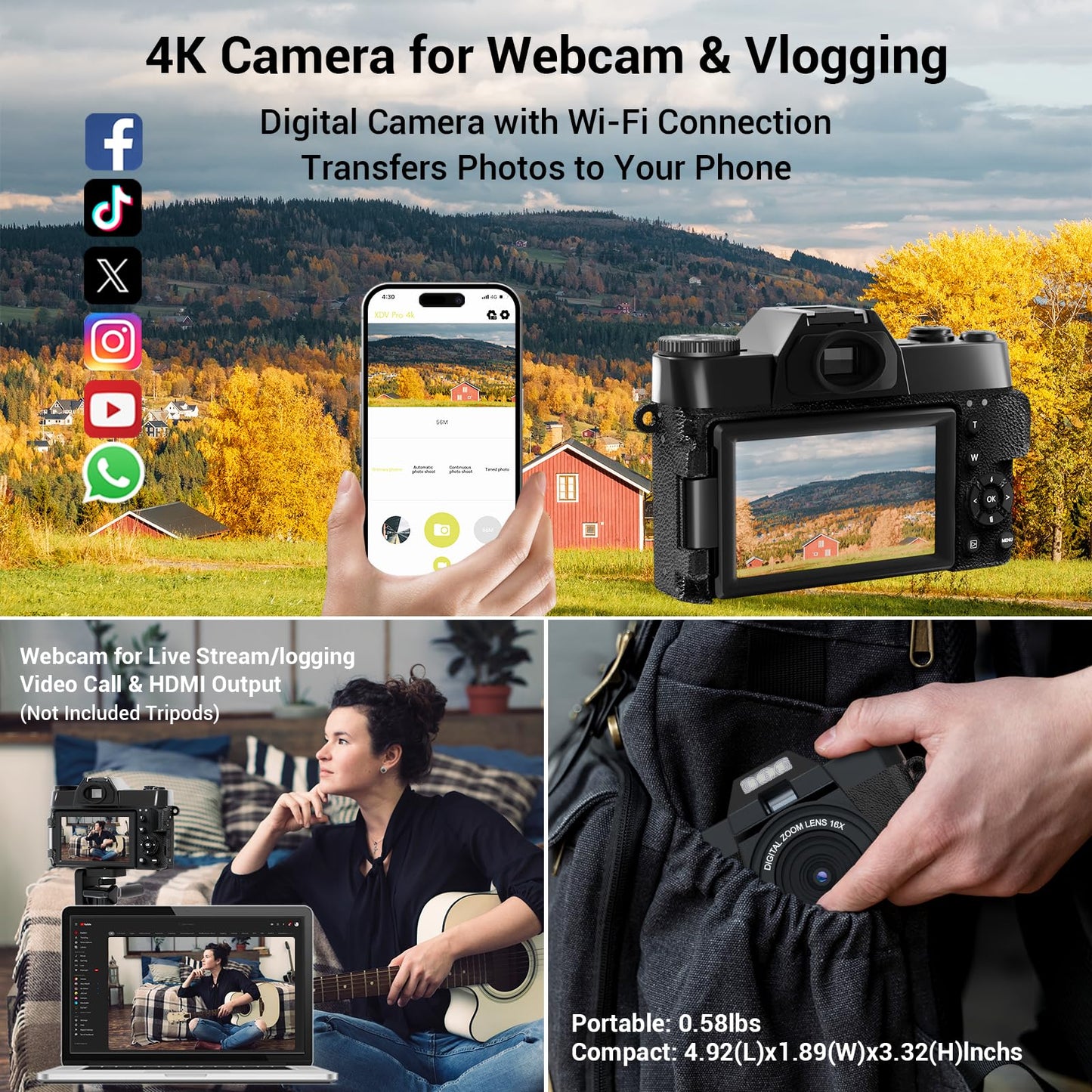 4K Digital Camera for Photography, 75MP WiFi Vlogging Video Camera for YouTube with 3'' 180°Flip Screen, 64GB SD Card, 16x Digital Zoom, 2 Batteries, Point and Shoot Digital Camera for Beginner Black