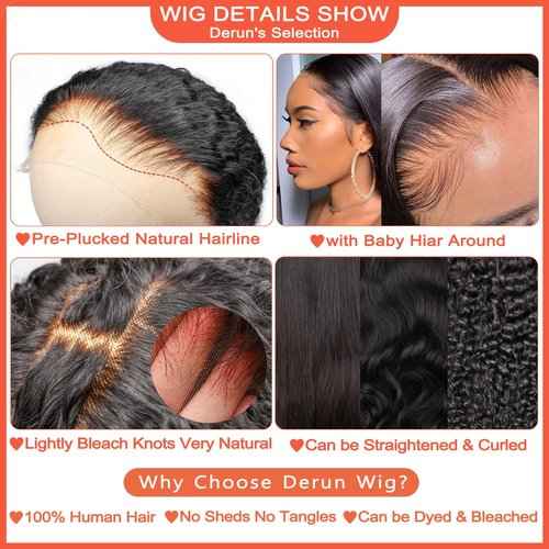 Derun 5x5 Real HD Lace Closure Wigs Human Hair 180% Density Invisible Swiss Lace Front Straight Wig Pre-plucked with Baby Hair Hairline Bleached Knots and Elastic Band Wig for Women (16 Inch, 5×5 ST)