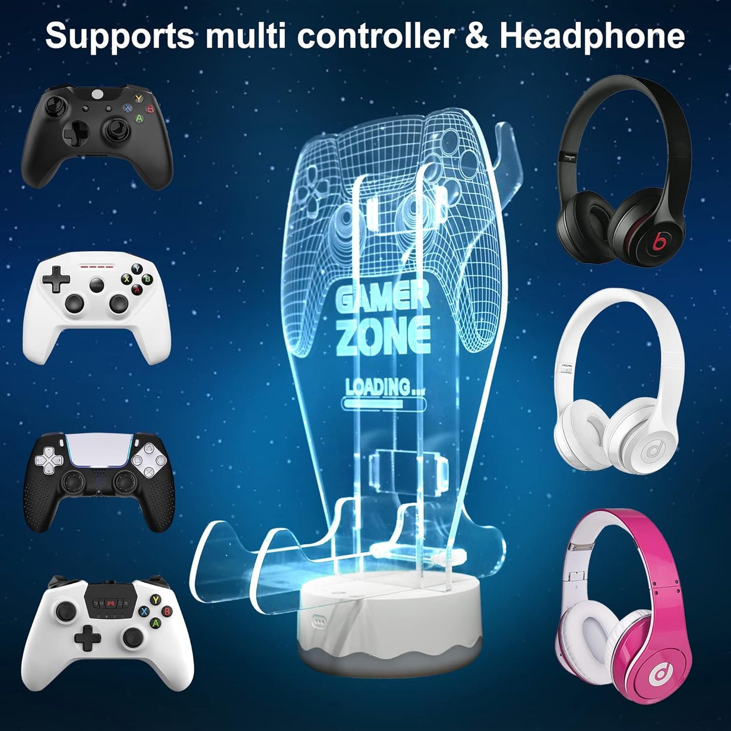 YuanDian Light up Headphone Controller Holder, 16 Colors 3D LED Lights Gamepad Headset Stand, Game Controller Hanger for All Universal Gaming PC Accessories