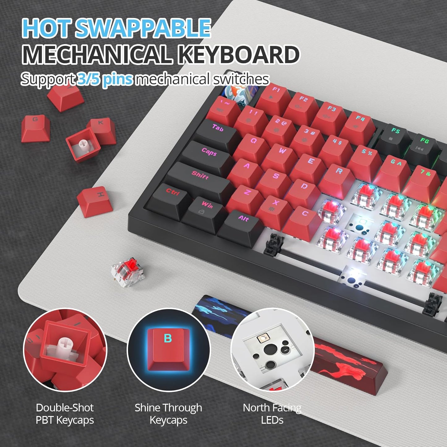 75 Percent Keyboard Gasket-Mounted with Sound Absorbing Pads, 82-Key Compact Wired RGB Mechanical Gaming Keyboard Hot-Swap Socket for Win, 9009