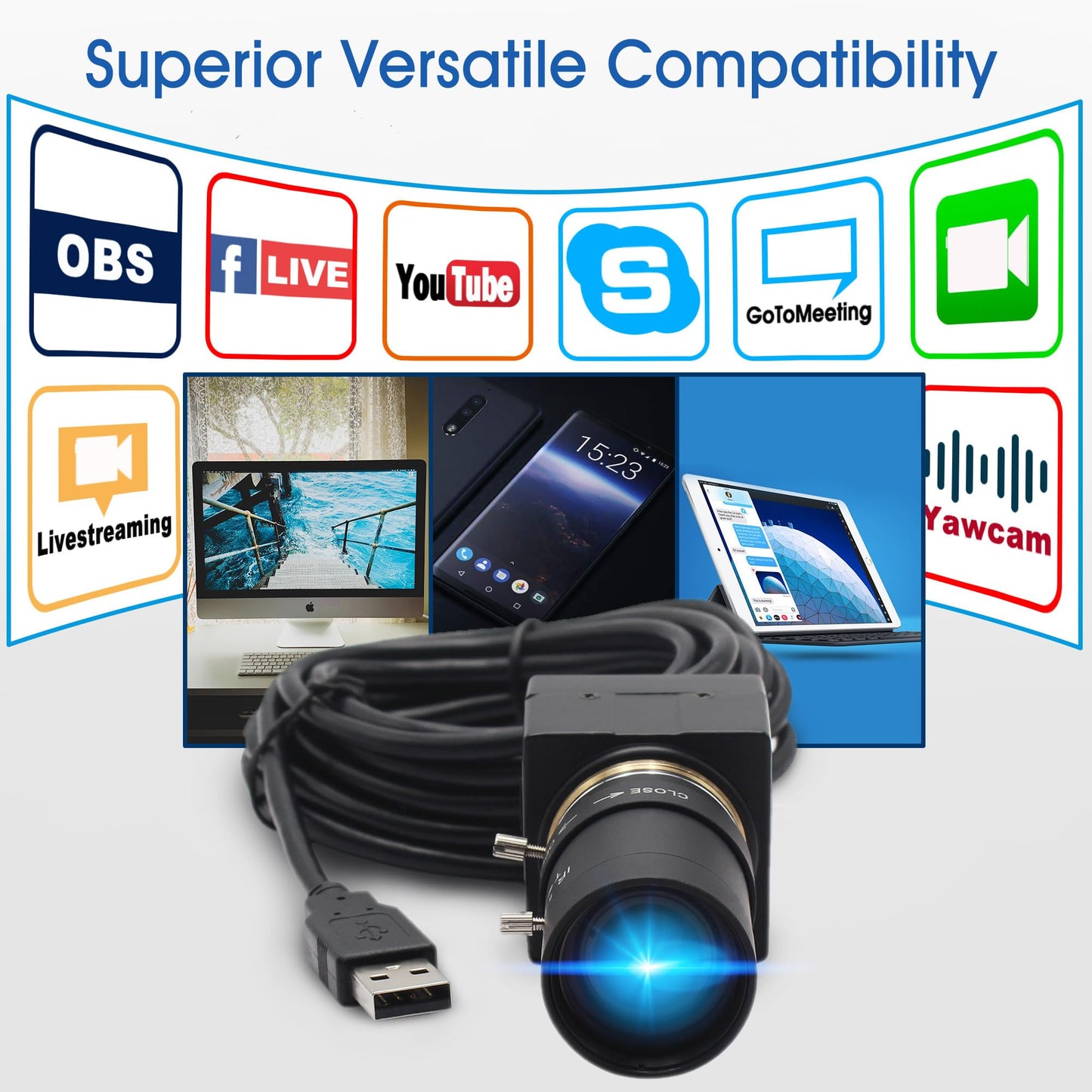 ALPCAM 1080P USB Camera with 2.8-12mm Varifocal Lens, 0.01Lux Low Light Webcam H.264 IMX323 Computer Camera for Video Conference, Plug & Play for Windows/Linux/Mac
