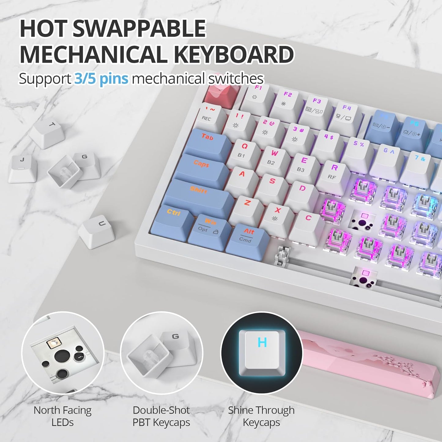 400PRO 75% Wireless Creamy Mechanical Keyboard Pink, Gasket Hot Swappable RGB Gaming Keyboard, Bluetooth/2.4GHz/USB-C Cute Keyboard with Pre-lubed Cream Grey Switches (82 Pink Cyan)