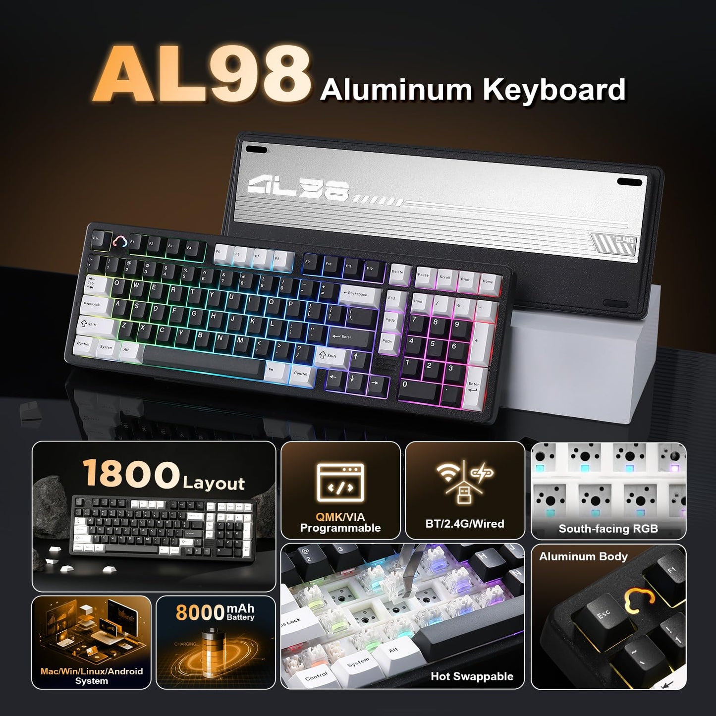 YUNZII AL98 QMK/VIA Wireless Mechanical Gaming Keyboard,Full Aluminum,BT/2.4G/USB-C, Pre-Lubed Hot Swappable Gasket Mount 1800 Layout,RGB Backlit for Win/Mac (Black, Milk Switch)