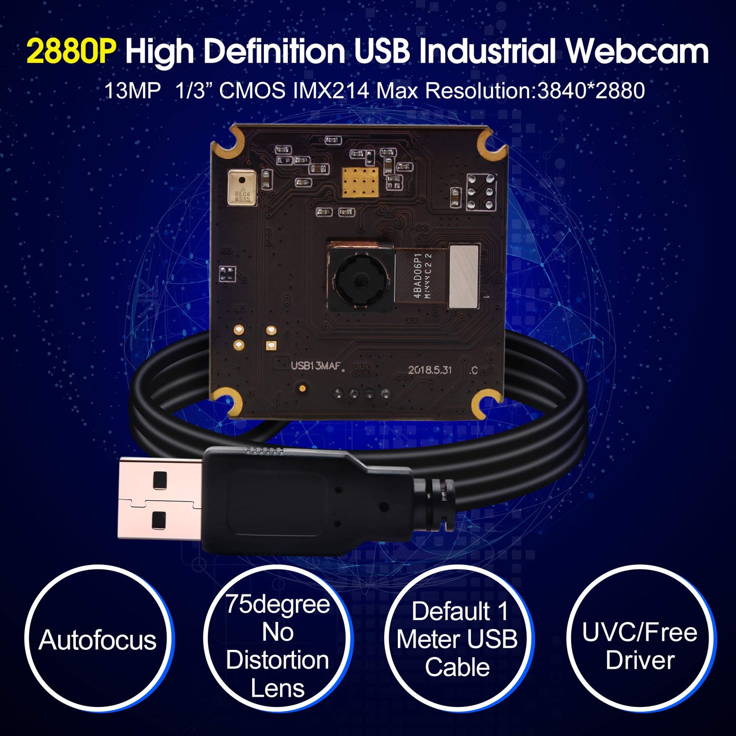 13mp USB Camera Module with Microphone Autofocus Audio Video Webcam Board for Computer Mini UVC USB2.0 PC Camera Industrial Embedded USB with Camera IMX214 Lightburn Camera for Laptop Jetson Nano