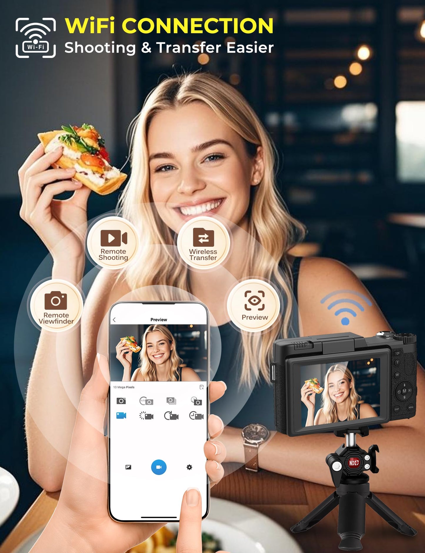 5K Digital Camera with WiFi 64MP Autofocus Full HD Vlogging Camera for YouTube Point and Shoot Camera with Flip Screen Photography Cameras for Beginners with Selfie Light, Mini Tripod, Batteries