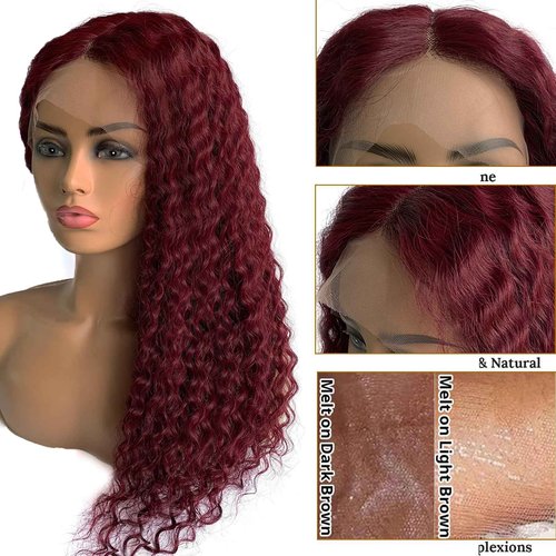 Licoville 99J Burgundy Lace Front Wigs Human Hair Middle Part Deep Wave HD Lace Frontal Wigs for Black Women Pre Plucked Dark Red Short Curly Human Hair Wig 12 Inch 180% Density