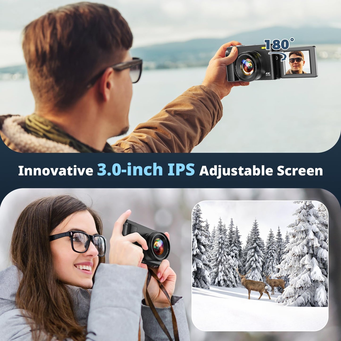 4K Digital Camera for Photography, UHD Autofocus 48MP 180° Flip Screen 16X Zoom Compact Point Shoot Vlogging Camera for YouTube with 2 Batteries, 32GB Card (Black)