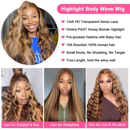 Kucmir 28 Inch Highlight Lace Front Wig Human Hair Ombre for Women 13x6 Body Wave Honey Blonde HD With Baby Hairline