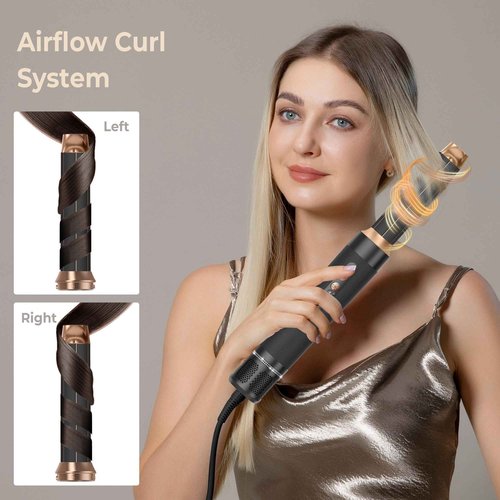 Blow Dryer Brush 7inONE,110000RPM High-Speed Negative Ionic Hair Dryer with Diffuser Concentrator,Curling Iron Hair Straightener Round Brush Blow Out Magic Styler,Volumizing Air Styler (Black Gold)