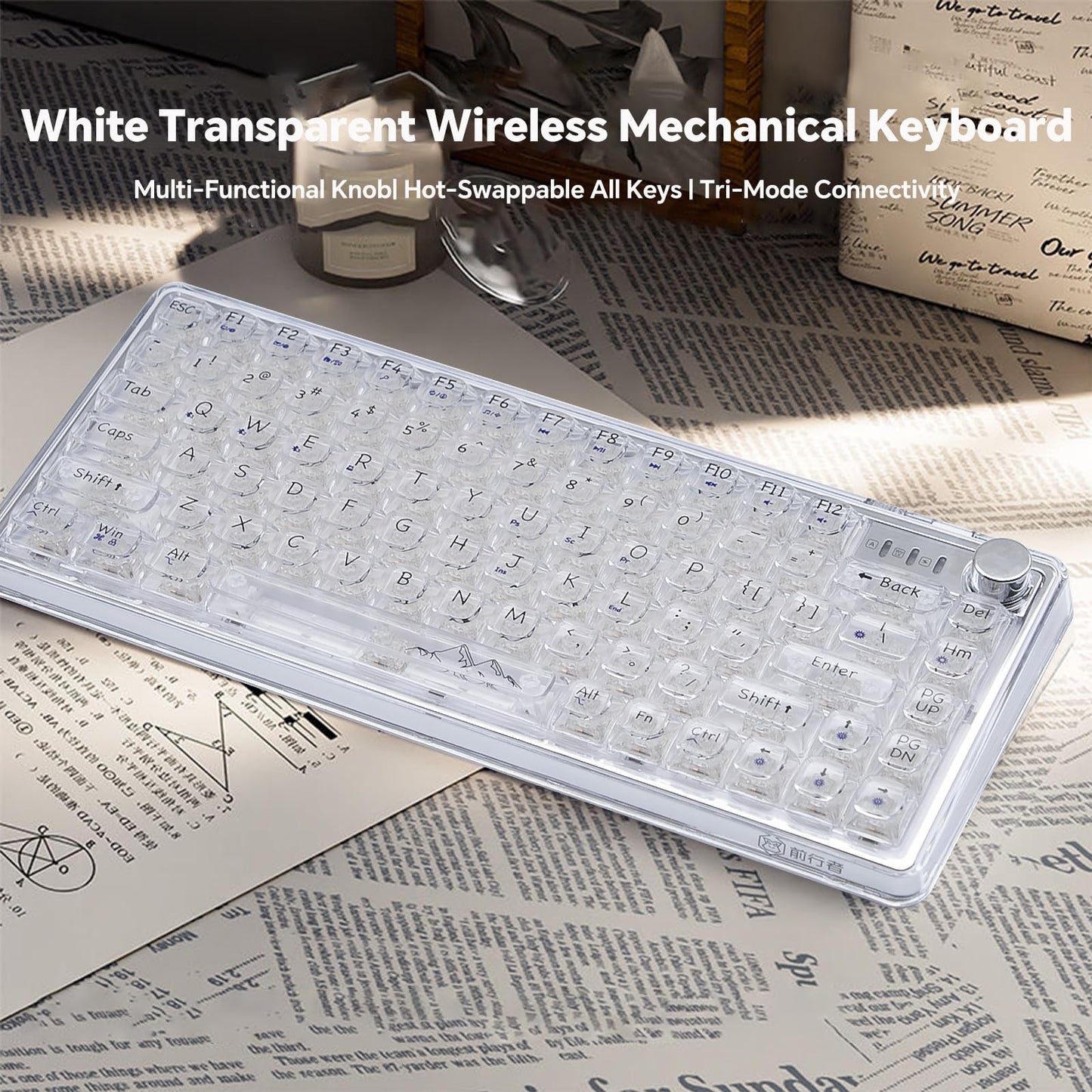 Adventurers V82 Transparent Mechanical Keyboard - Hot-Swappable RGB Gaming Keyboard, 75% Layout & Clear PC Keycaps, Bluetooth/2.4G/Wired Triple-Mode for Windows/Mac(Crystal Clear Switch,White)