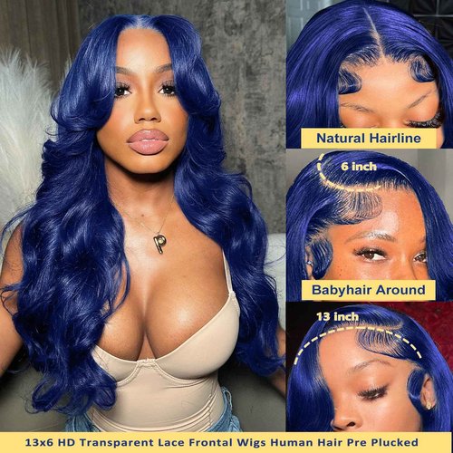 ELFSECRET Blue Lace Front Wigs Human Hair Body Wave 13x6 Hd Lace Frontal Wig Human Hair 180% Density Dark Blue Wig Human Hair for Black Women Royal Blue Wear And Go Glueless Wigs Pre Plucked 20 Inch