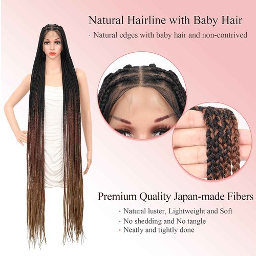 Zurffiy 56" Knotless Braided Wigs for Women: Box Braid Wig with Baby Hair, Human Hair Blended, Super Long Lace Front, Mix Brown and Light Brown
