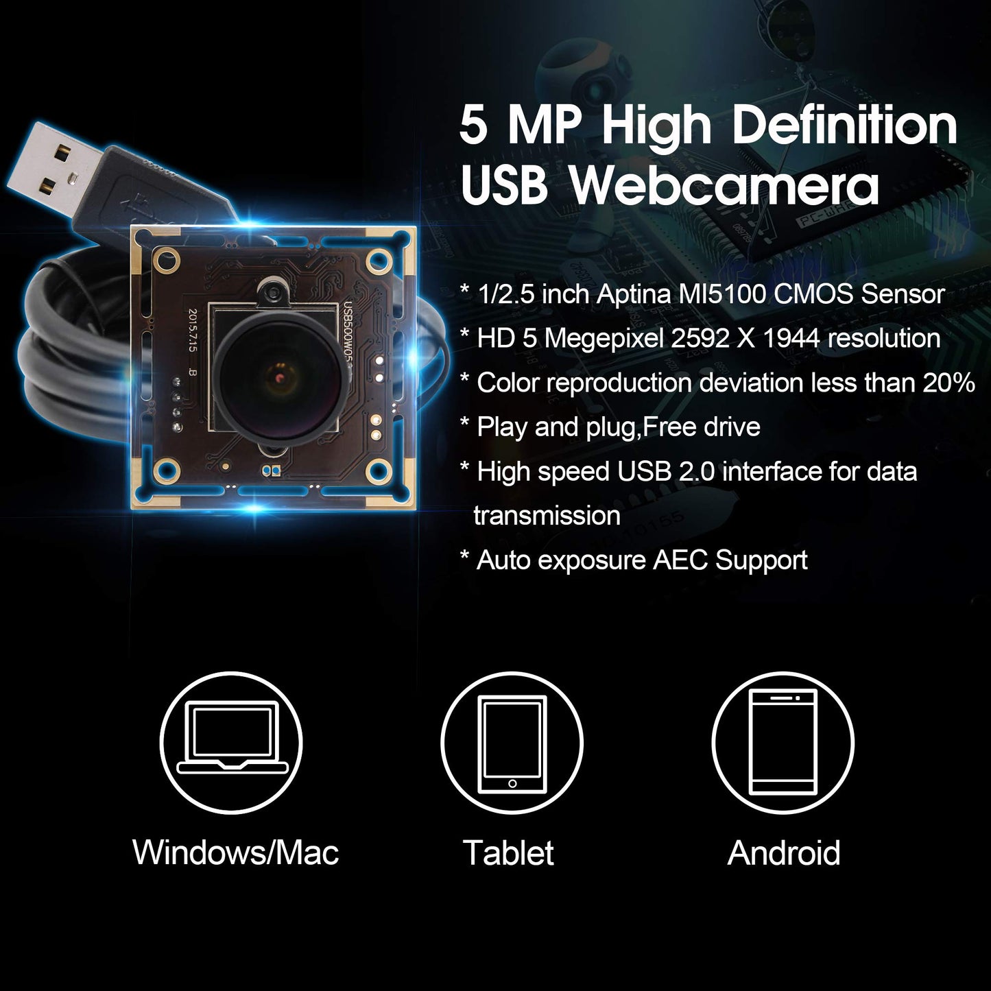 5MP HD 1944P Webcam 170 Degree Fisheye USB Camera Module with Aptina 1/2.5 MI5100 CMOS Sensor Webcamera Mini Industrial Web Cam,Plug&Play Support USB 2.0 OTG UVC