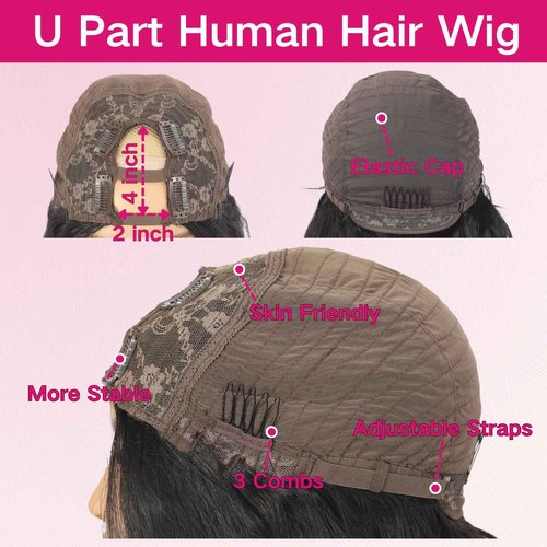 BYYASAA U Part Human Hair Wig Body Wave U Part Wig Human Hair for Black Women Glueless Wigs Human Hair Clip Natural Hair Wig Beginner Friendly Middle Part 180% Density 22inch