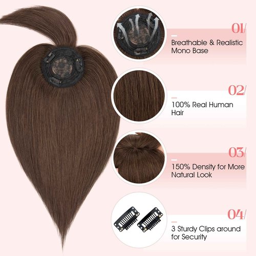 Hairro Mono Hair Toppers with Bangs, 3.4" x 3.4" Mono Base 100% Real Human Hairpieces for Women, 150% Density Clips In Topper for Greyish Thinning Hair, 10 Inch Dark Brown