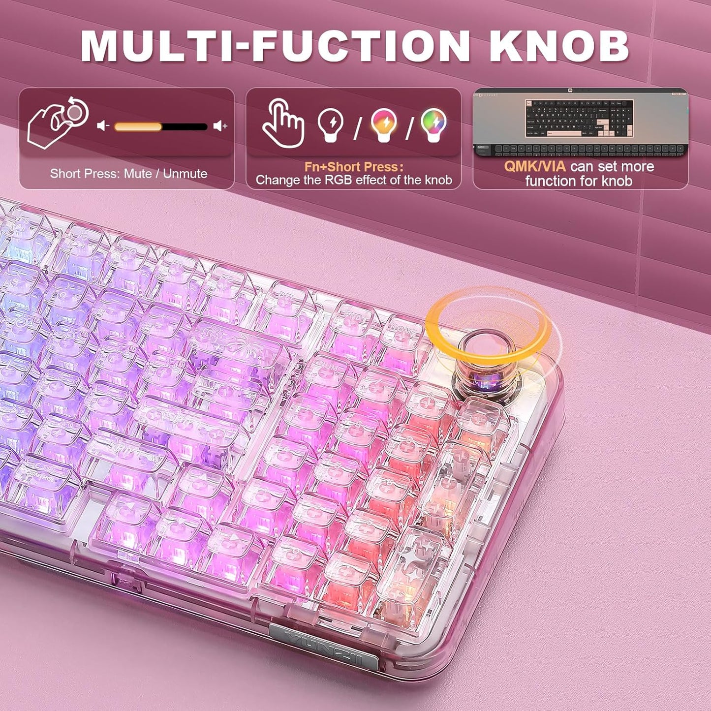 YUNZII X98 QMK/VIA Wireless Mechanical Gaming Keyboard with Knob,Tri-Mode BT5.0/USB-C/2.4GHz Hot Swappable Keyboard,Pre-lubed Switches Gasket Mount RGB Backlit for Wins/Mac (White, Snow Switch)