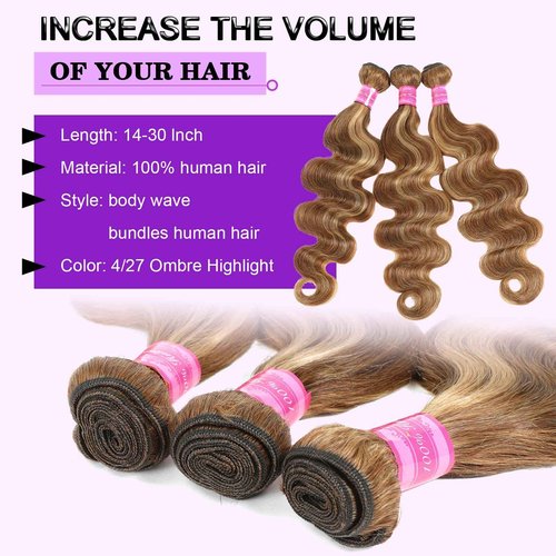 Vallbest Ombre Human Hair Bundles 14 16 18 Inch Highlight Bundles Human Hair 4/27 Blonde Body Wave Brown 12A 100% Unprocessed Brazilian Virgin Remy Weave Raw Human Hair Extensions