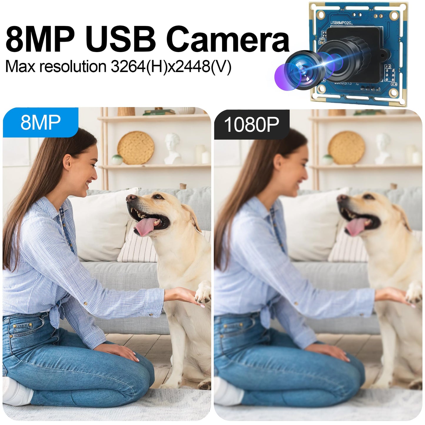 ALPCAM USB Camera Module 8MP No Distortion 75 Degree Lens Full HD 2448P Webcam,UVC Compliant Webcam for Windows/Linux/Mac,Embedded Camera for Industrial,Robot,3D Printer