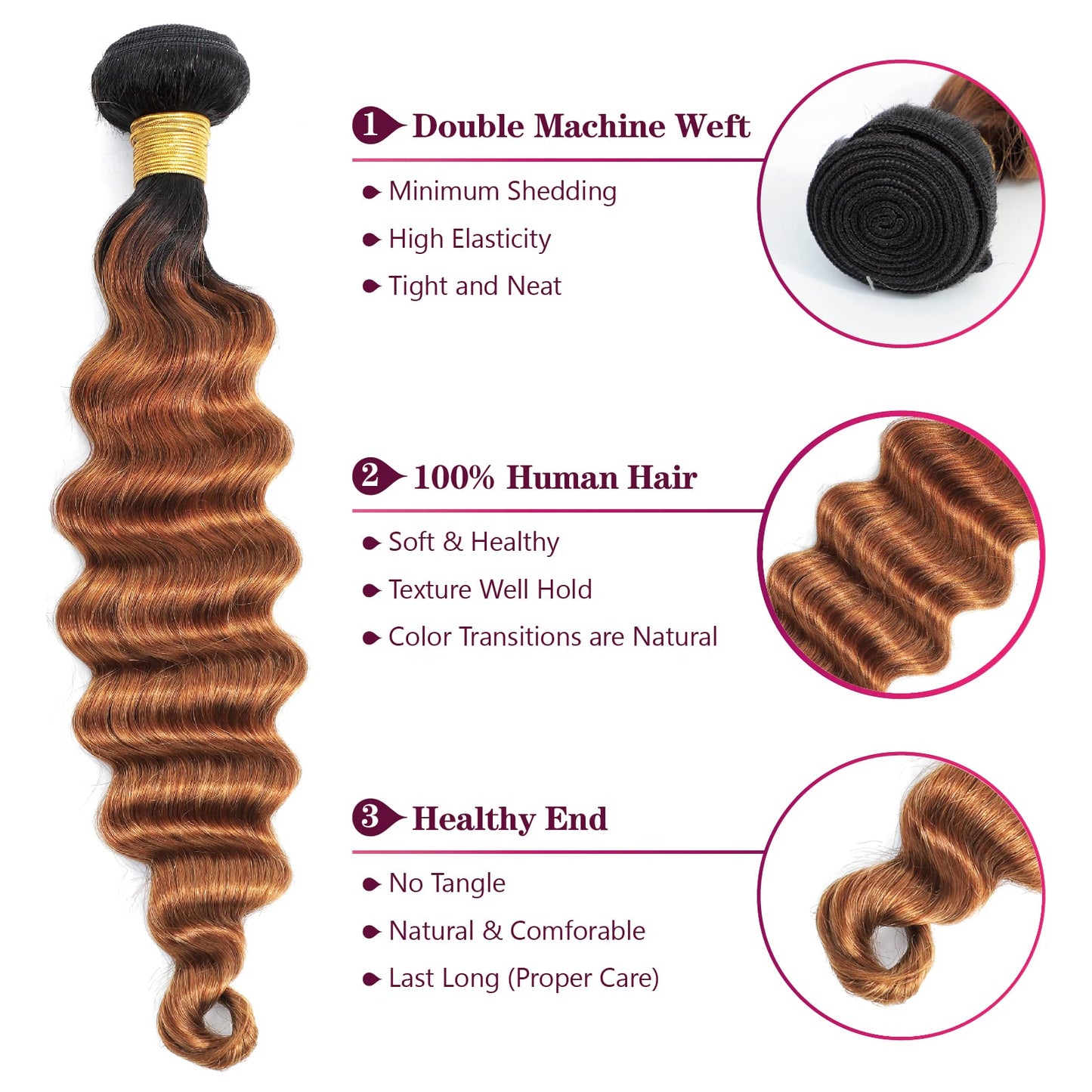 Ombre Loose Deep Wave Bundles Human Hair 1B/30 Unprocessed Brazilian Virgin Human Hair 3 Bundles Two-tone Dark Root Loose Wavy Curly Bundles For Women (T1B/30,18 20 22)
