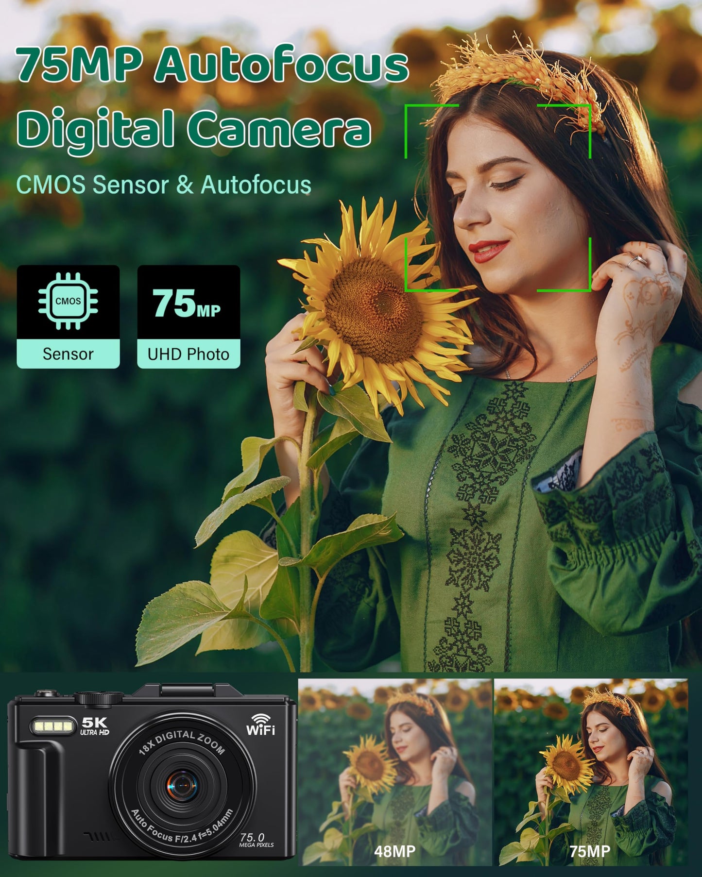 5K Digital Camera - WiFi 75MP Cameras for Photography - UHD Vlogging Camera for YouTube with 3" 180° Flip Screen - Autofocus Compact Video Travel Camara with 18X Zoom, 32GB SD Card, 2 Batteries