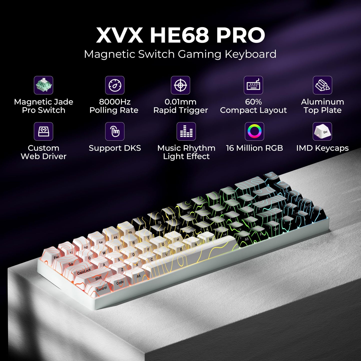 XVX HE68 Pro Rapid Trigger Keyboard and Black and White Topographic Map Mouse Pad(XXL)